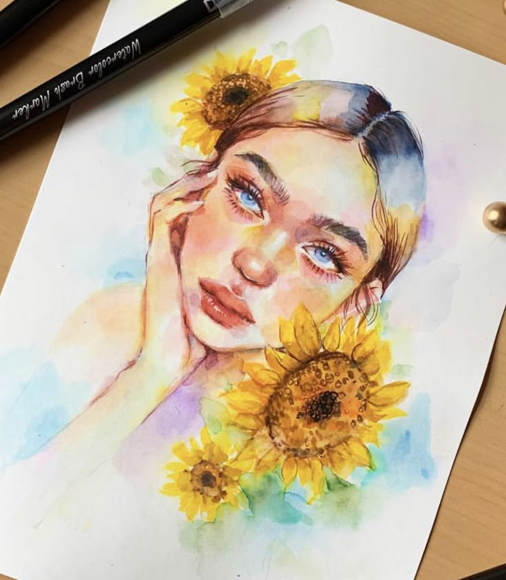 a watercolor painting of a woman with sunflowers