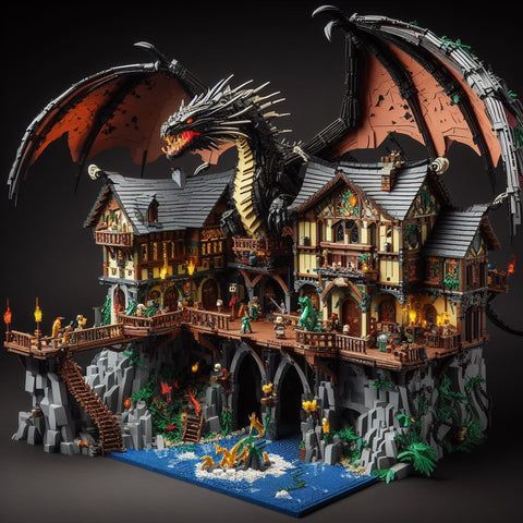 a lego model of a house with a dragon on the roof