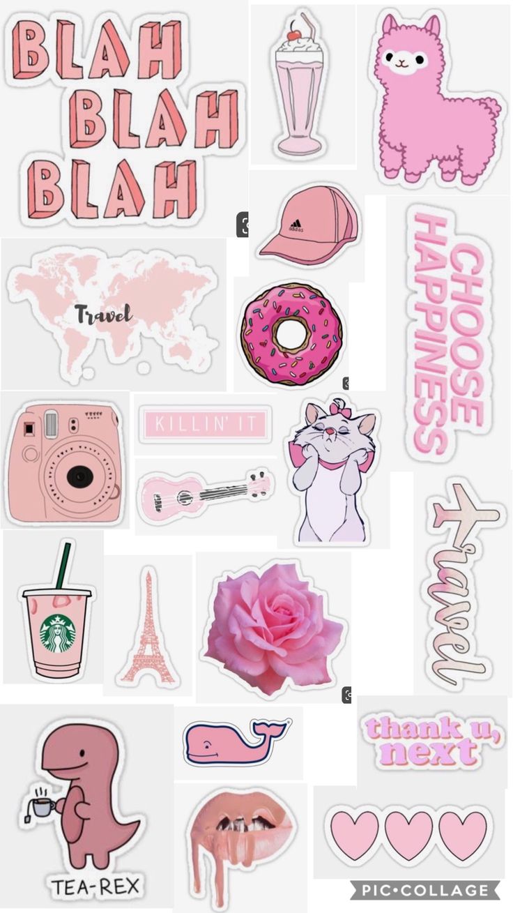 pink stickers with different types of items on them and the words blaah blaah