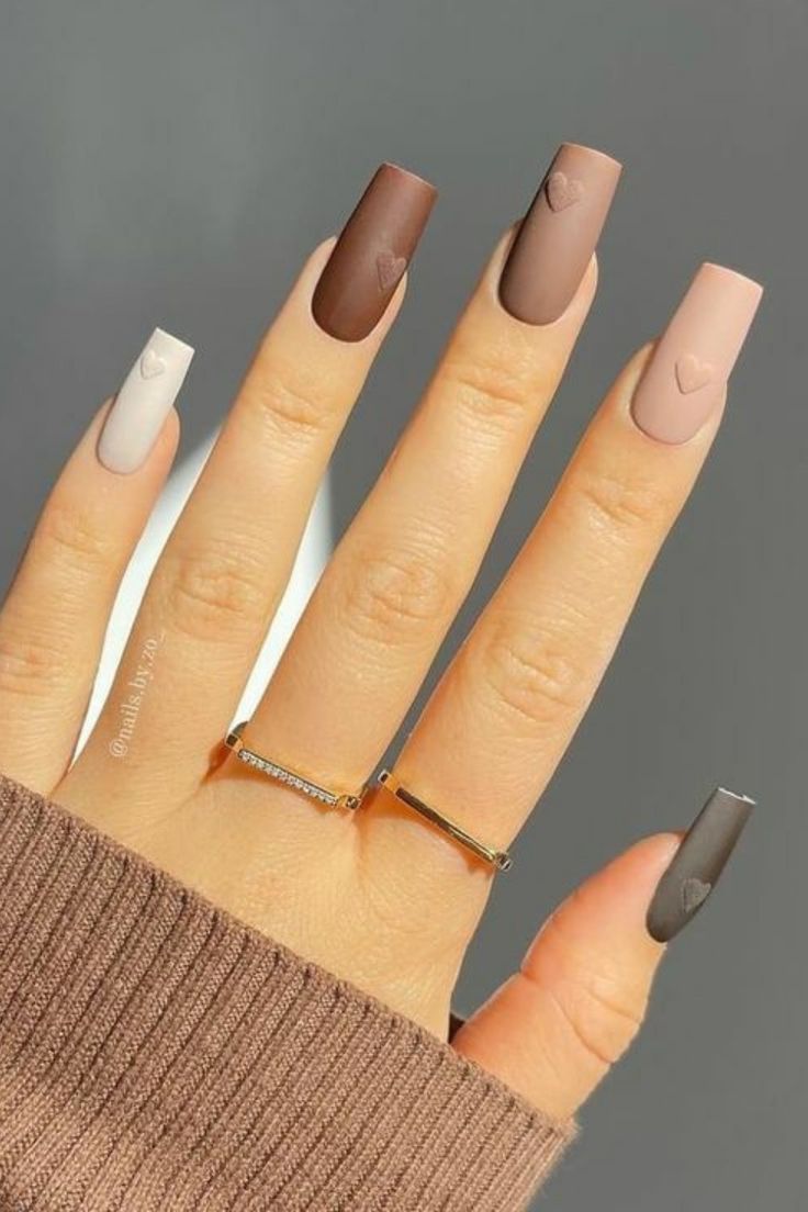 Acrylic Nail Set, February Nails, Nude Nail Designs, Stylish Nails Designs, Matte Nails Design, Brown Nails, Heart Nails, Manicure E Pedicure, Matte Nails