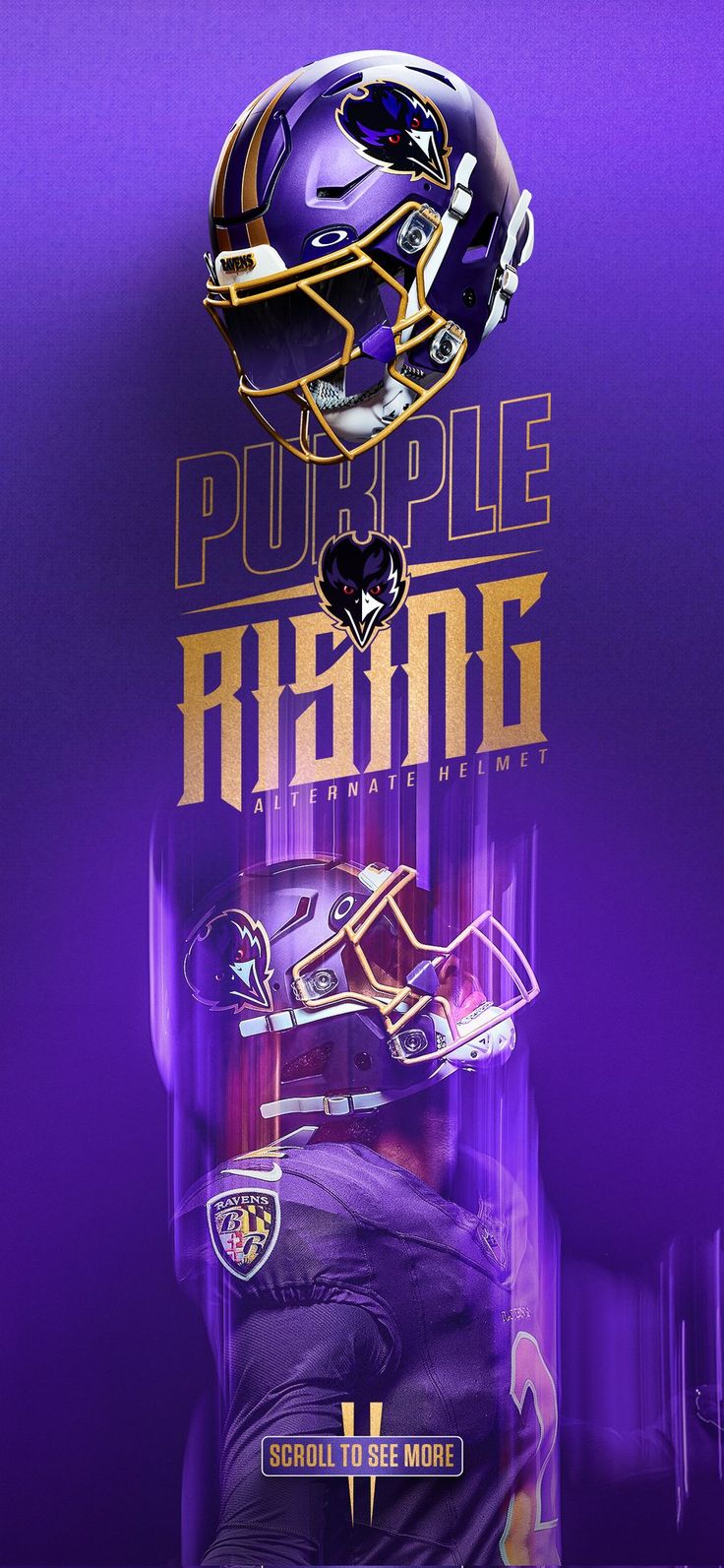 the purple and gold football uniform is on display in front of a purple background with an image of a helmet