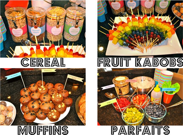 there are four pictures of different foods and drinks on the table, including fruit kabobs, muffins, parfaits