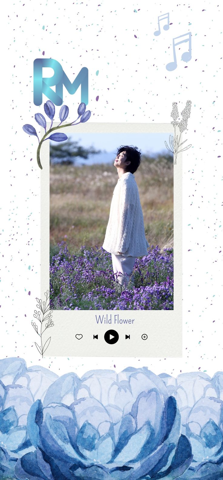 a photo frame with blue flowers and music notes on the bottom right corner is an image of a woman in a white dress