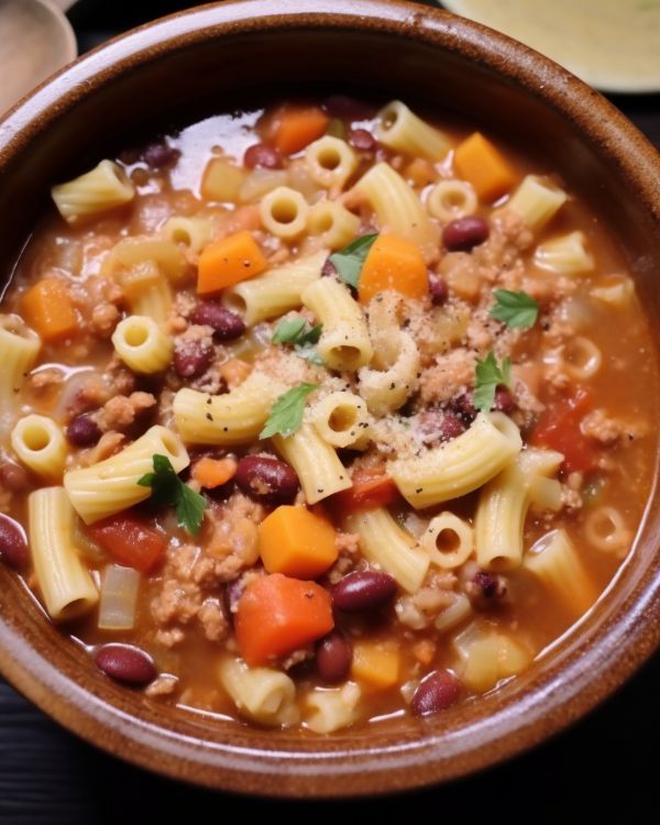 a bowl filled with pasta and vegetables on top of a table