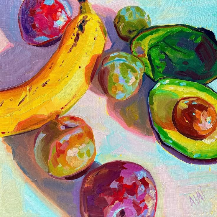 an oil painting of fruits and vegetables on a table