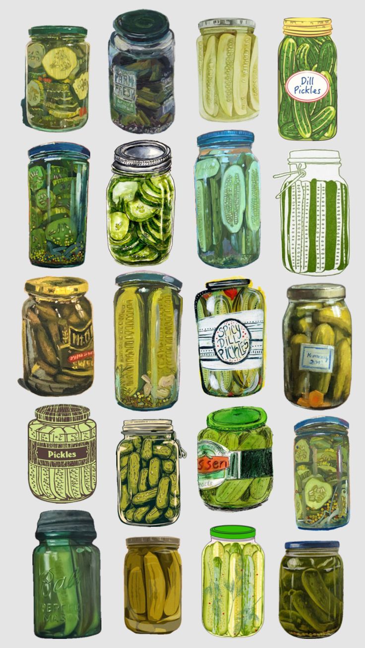 many jars filled with pickles and cucumbers on a white background, each containing different types of pickles