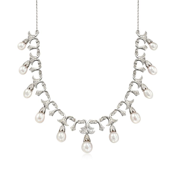 Ross-Simons - 6-9mm Cultured Pearl, .20ct t. w. Diamond Necklace in Silver. 20". An RS exclusive. Our dramatic, draping 6-9mm cultured freshwater pearl necklace glistens with .20 ct. t. w. of diamonds in a breathtaking design with hints of vintage styling. Set in sterling silver. Lobster clasp, diamond and white pearl necklace. Pearl birthstones are the perfect gift for June birthdays. Pearl Birthstone, Pearl And Diamond Necklace, White Pearl Necklace, Boot Jewelry, Freshwater Pearl Necklace, Pearl Types, Freshwater Cultured Pearls, Freshwater Pearl Necklaces, Fine Jewellery Necklace