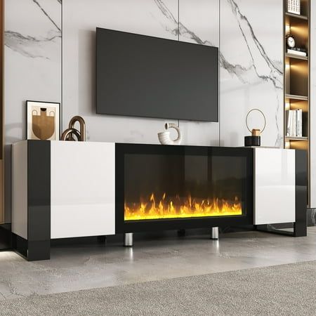 an entertainment center with a fireplace in the middle