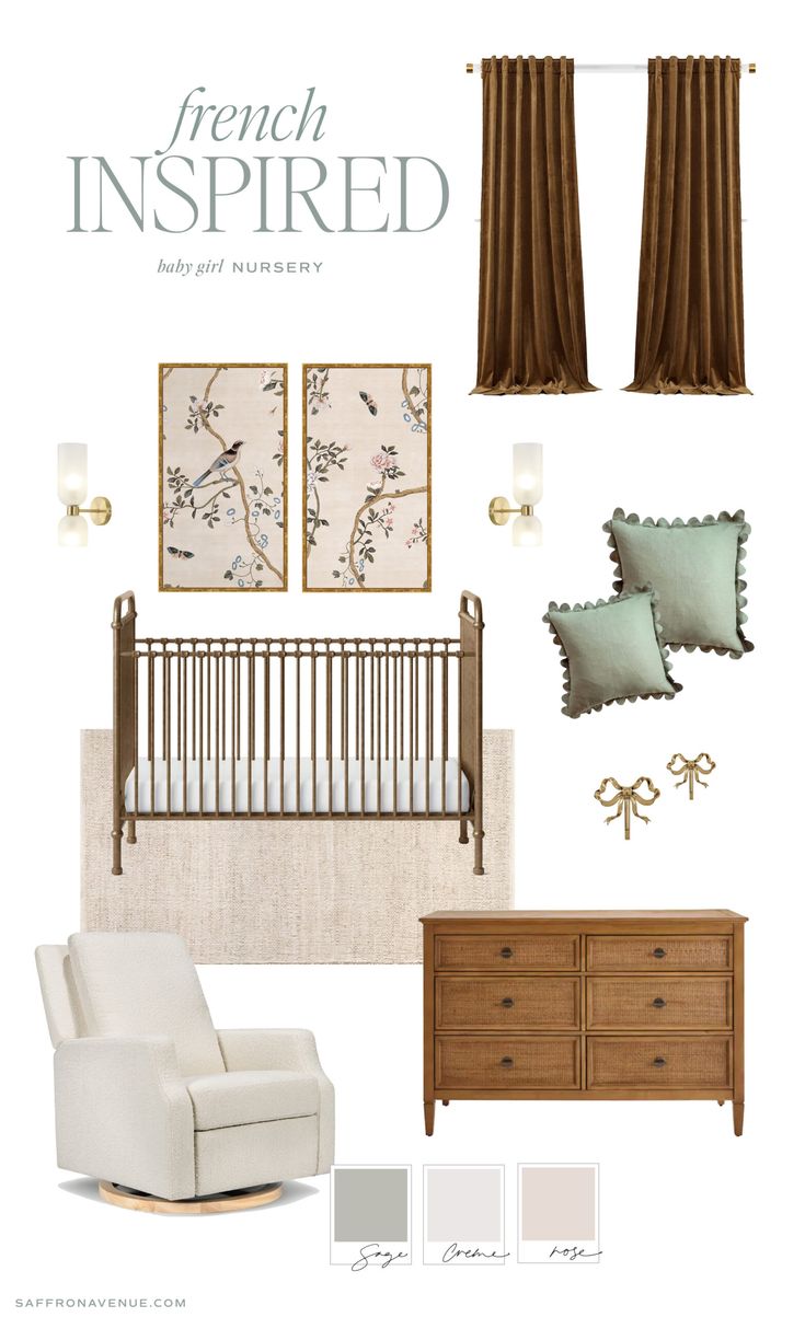 the french inspired nursery is shown with furniture and decor