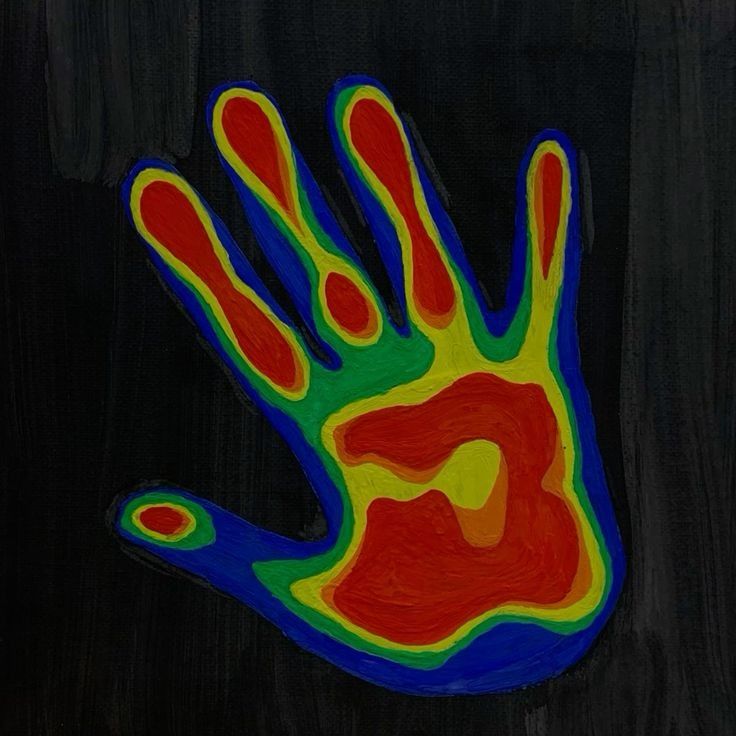 a drawing of a hand with multicolored lines on it