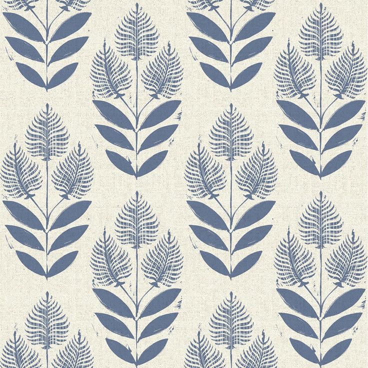 a blue and white wallpaper with leaves on it