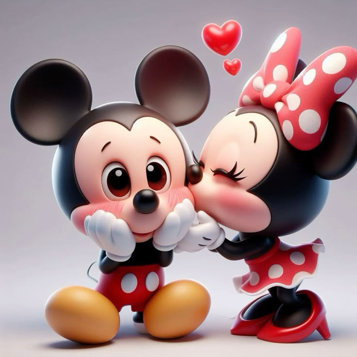 two mickey and minnie mouse figurines are touching each other's foreheads