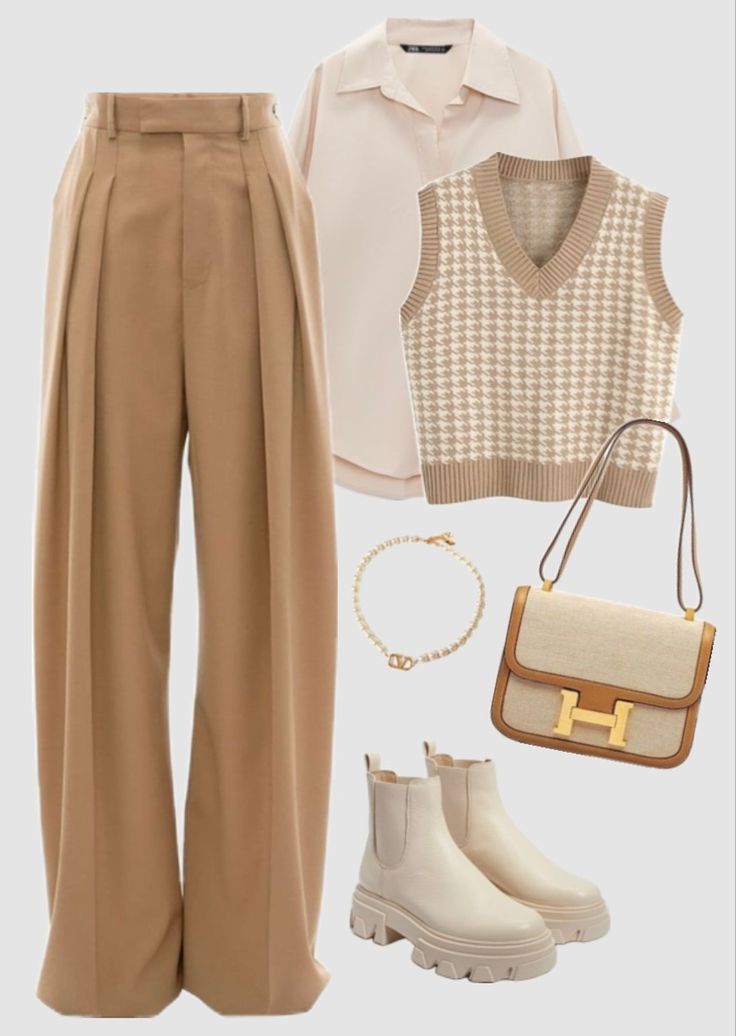 beige, cream and brown fall/ autumn outfit Style With Cream Pants, Khaki Trousers Outfit Aesthetic, Fall Outfits Beige Pants, Casual Cream Outfits, Beige Brown Outfit Aesthetic, Brown Theme Outfit, Brown And Creme Outfit, Cream And White Outfits For Women, Cream Set Outfit