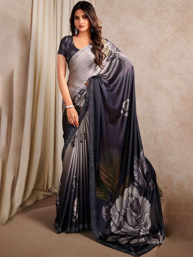 Anya Satin Digital Printed Saree Fabric: Soft satin Work: Digital print and tiki work Dimension: Length: 5 metres plus 0.8 metre (approx) blouse fabric. Pack Contains: 1 saree and 1 unstitched blouse fabric attached. Made from high-quality satin fabric and adorned with unique digital print, this saree will add a touch of elegance to any occasion. Crepe Saree, Embroidered Saree, Saree Models, Dark Grey Color, Stone Work, Printed Sarees, Blouse Fabric, Charcoal Color, Grey Color