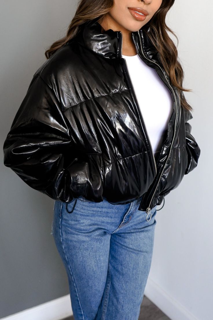 Patent Leather Jacket, Womens Winter Jackets, Shiny Puffer Jacket, Sneaker Heads, Leather Puffer Jacket, Cotton Lycra Fabric, Cali Style, Leather Puffer, Black Jackets