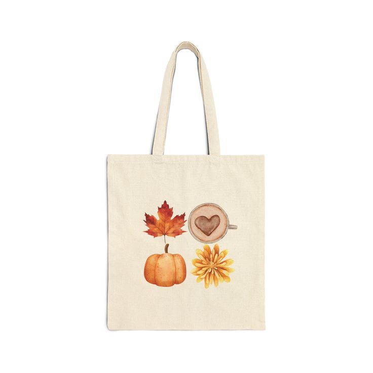 Embrace the cozy charm of autumn with this fall-themed tote bag, adorned with delightful images of pumpkins, fall leaves, coffee, and seasonal flowers. Made from 100% cotton canvas, this versatile bag measures 15" x 16", making it a perfect addition to your daily routine. The durable canvas material ensures that your vibrant fall designs stand out while offering long-lasting use. With sturdy 20" handles crafted from the same canvas, this tote is easy to carry, even when filled with your weekly groceries. Available in natural and black, it's the ideal blend of fall style and functionality. Material: 100% cotton canvas Fabric weight: Heavy (12 oz/yd² or 406.9 g/m²) Features: Sewn-in label Color options: Natural and black Brown Canvas Bag For Daily Use In Fall, Brown Cotton Bags For Fall, Fall Cotton Travel Bag, Fall Beige Canvas Bag, Fall Travel Cotton Bag, Fall Travel Canvas Tote Bag, Brown Canvas Bag For Fall, Fall Canvas Tote Bag For Shopping, Fall Canvas Tote Bag For Everyday Use