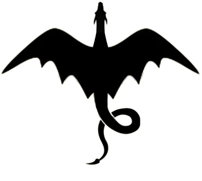 a black and white silhouette of a dragon with its wings spread out to the side