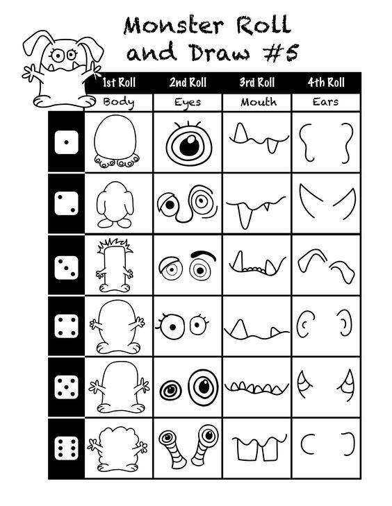 the monster roll and draw game is shown in black and white, with an image of monsters