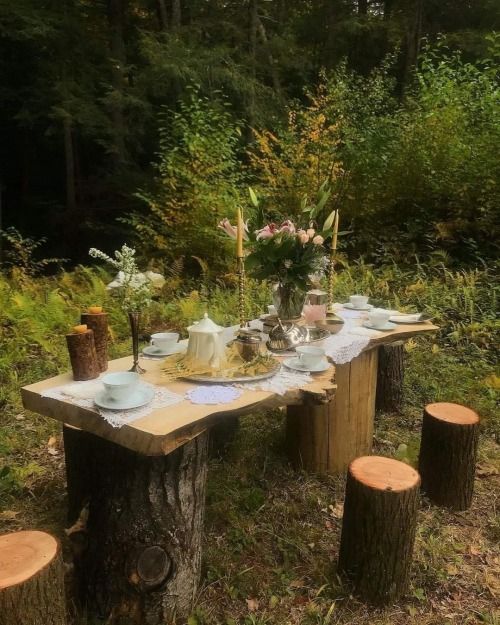 a wooden table with plates and cups on it in the middle of a forest setting