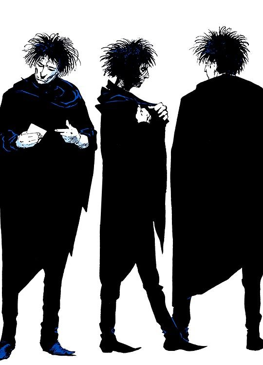 three silhouettes of two men with black hair and one wearing a cape, standing next to each other