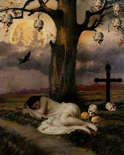 a painting of a woman laying on the ground next to a tree with skulls hanging from it