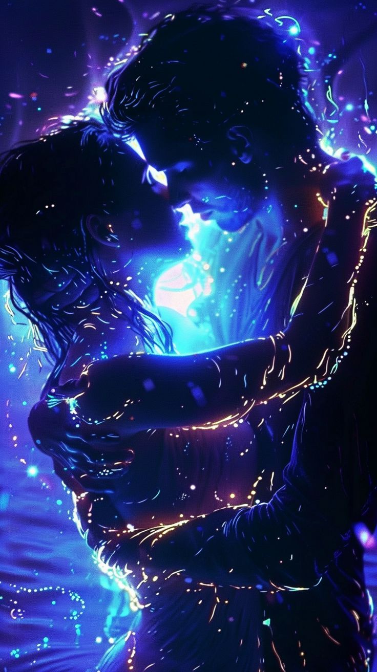 a man and woman kissing in the dark with sparkles all around them on their body