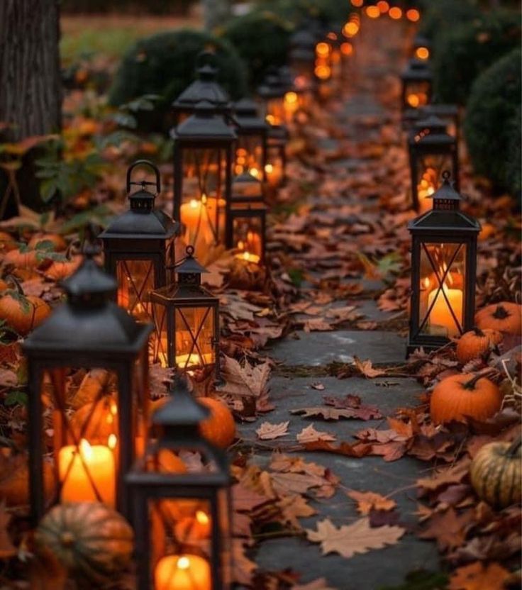 many lanterns lit up in the middle of a path with pumpkins and leaves on it