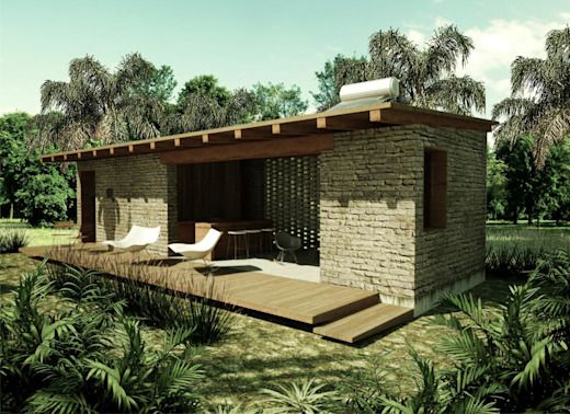 an artist's rendering of a small house in the middle of some trees and grass