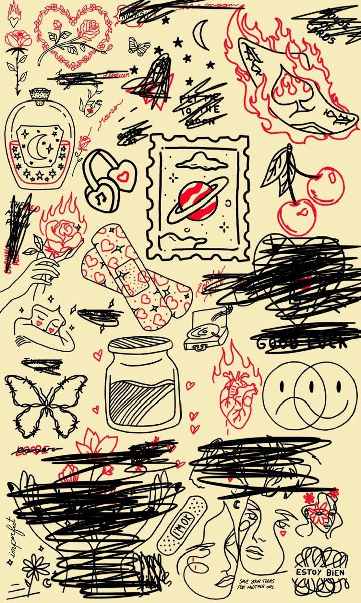 a drawing of various items on a white background with black and red ink, some are drawn