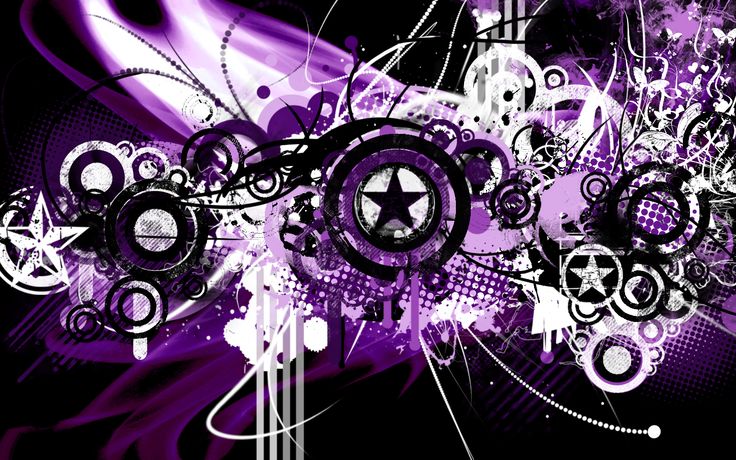 an abstract purple and black background with circles, stars, and swirls on it