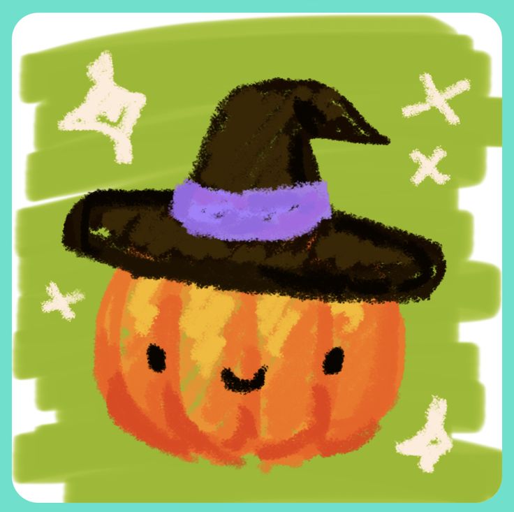 a drawing of a pumpkin wearing a witches hat