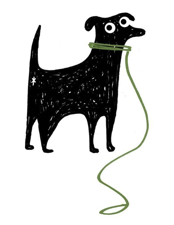 a drawing of a black dog with a green string in its mouth and eyes on it's neck