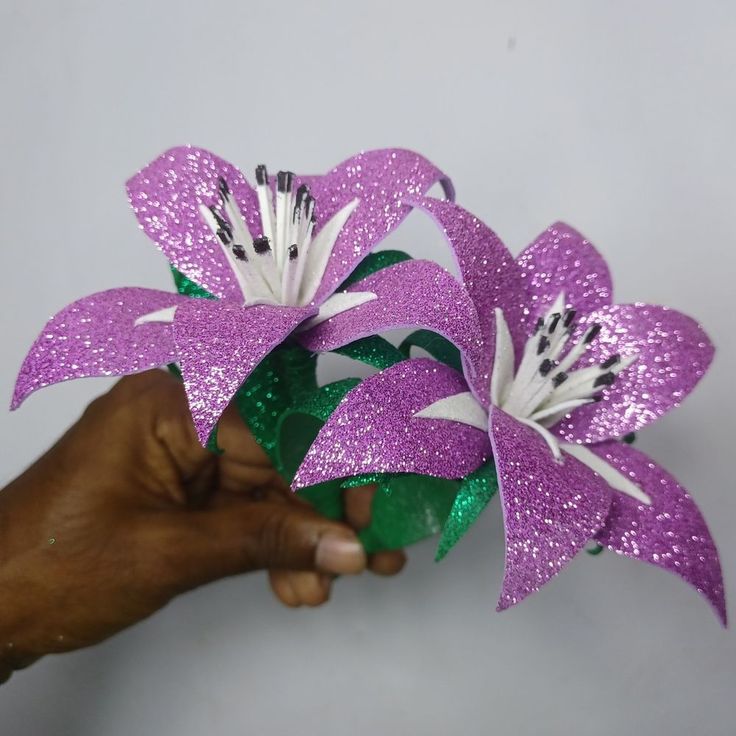 a hand is holding some purple and white flowers