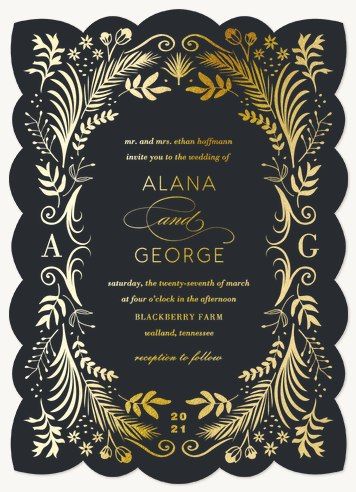 an elegant wedding card with gold and black floral design on the front, in a circular frame