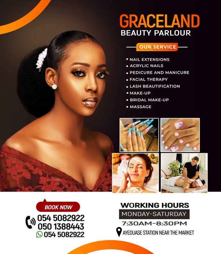 a flyer for a beauty salon with an image of a woman's face and hands