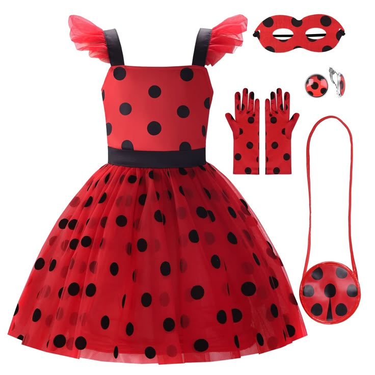 a red and black polka dot dress with matching headband, gloves, and accessories