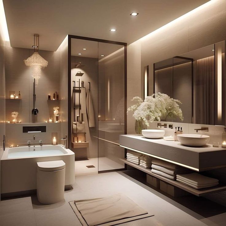 a modern bathroom with candles on the wall