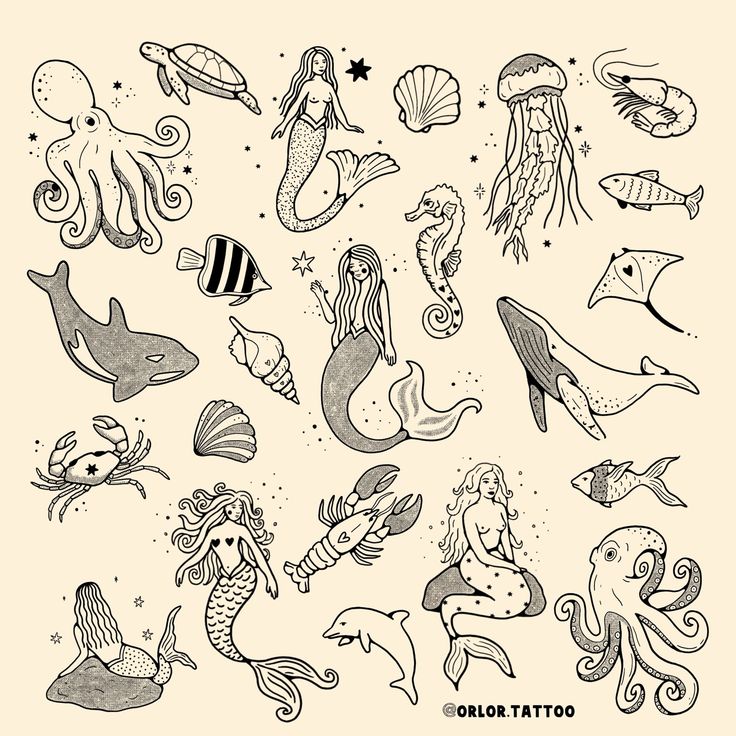 an ink drawing of mermaids and sea animals