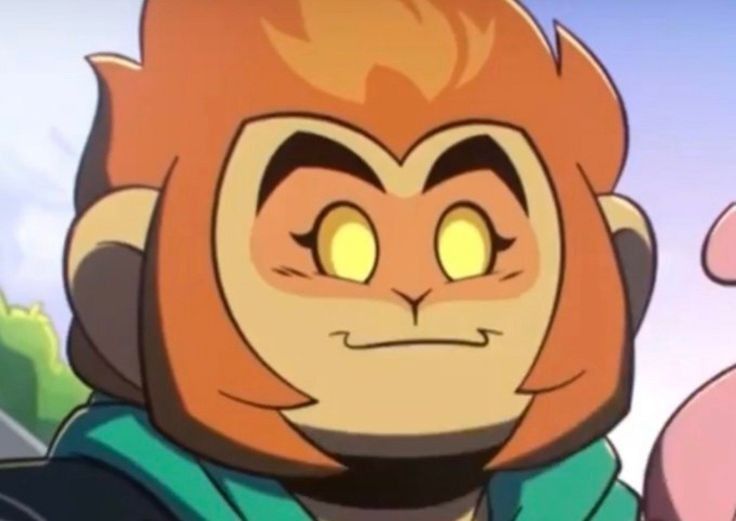 an animated image of a monkey with yellow eyes and orange hair, wearing a green hoodie