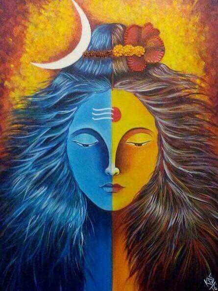 two faces painted in different colors with the moon and stars above them, one has long hair