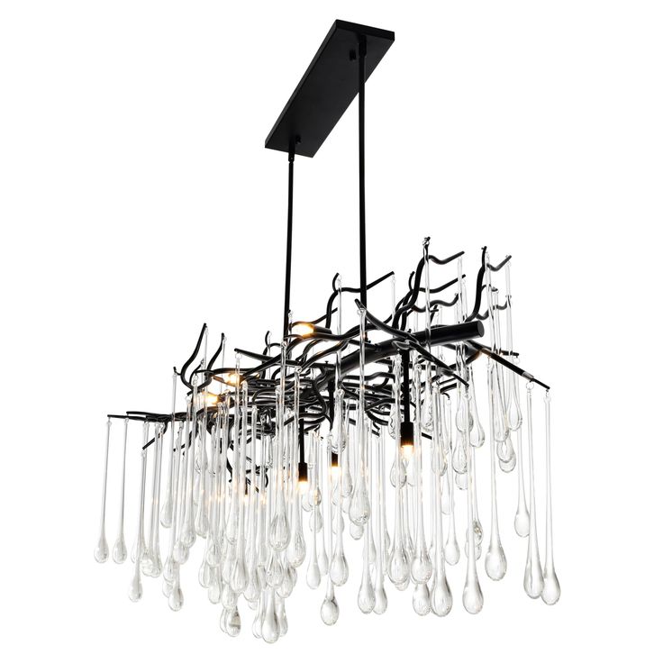 a large chandelier with many hanging glass drops and black metal frame, on an isolated white background