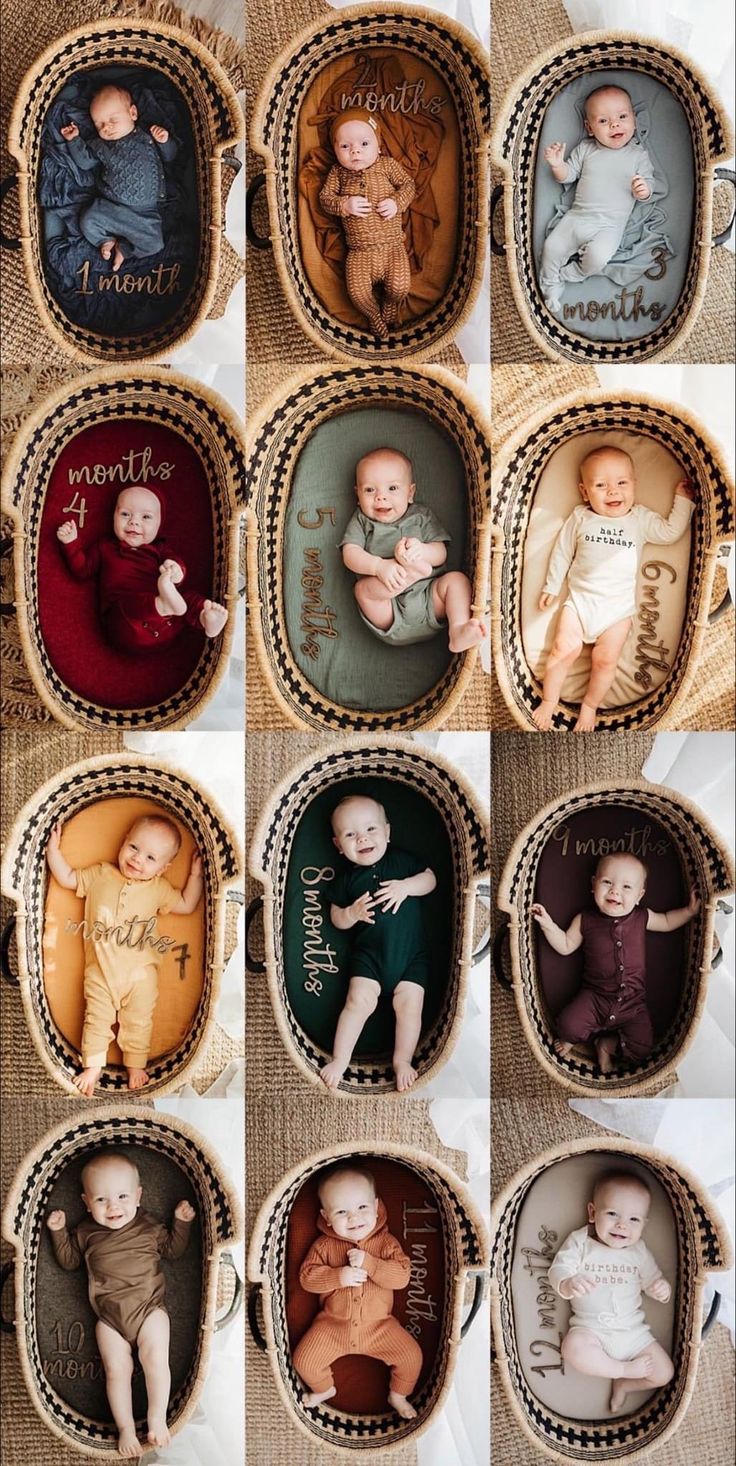 many different pictures of babies in small baskets with the names of their babies on them