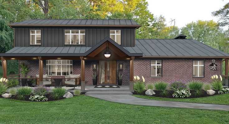 this is a computer rendering of the front elevation of a modern farmhouse style home with porches and covered patios