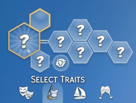 a blue background with white icons and question marks on the bottom right corner, which says select tratis?