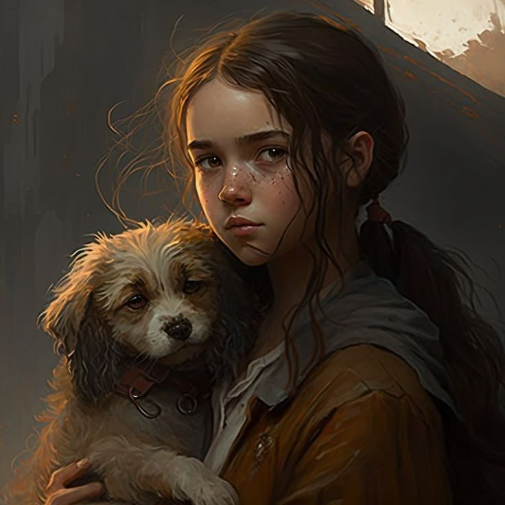 a painting of a girl holding a dog in front of her face and looking at the camera