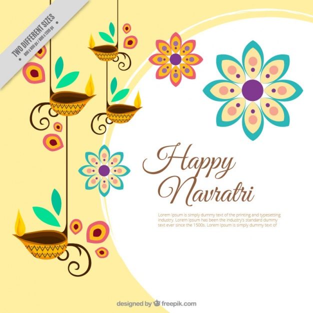 happy navratii with colorful flowers and birds hanging from the strings on a yellow background