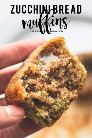 a person holding up a muffin in their hand with the words zucchini bread muffins above it