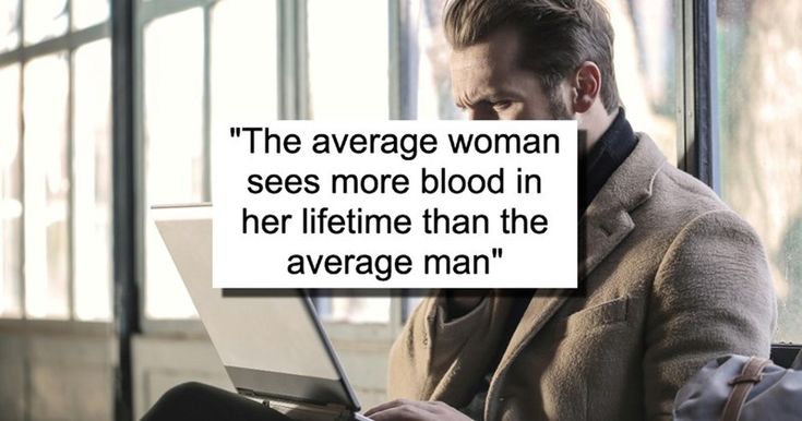 a man sitting in front of a laptop computer with a quote on it that reads, the average woman sees more blood in her lifetime than the average man