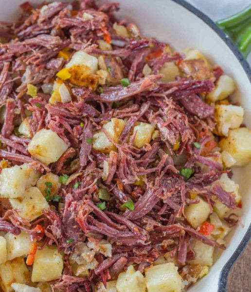 corned beef and potatoes in a skillet