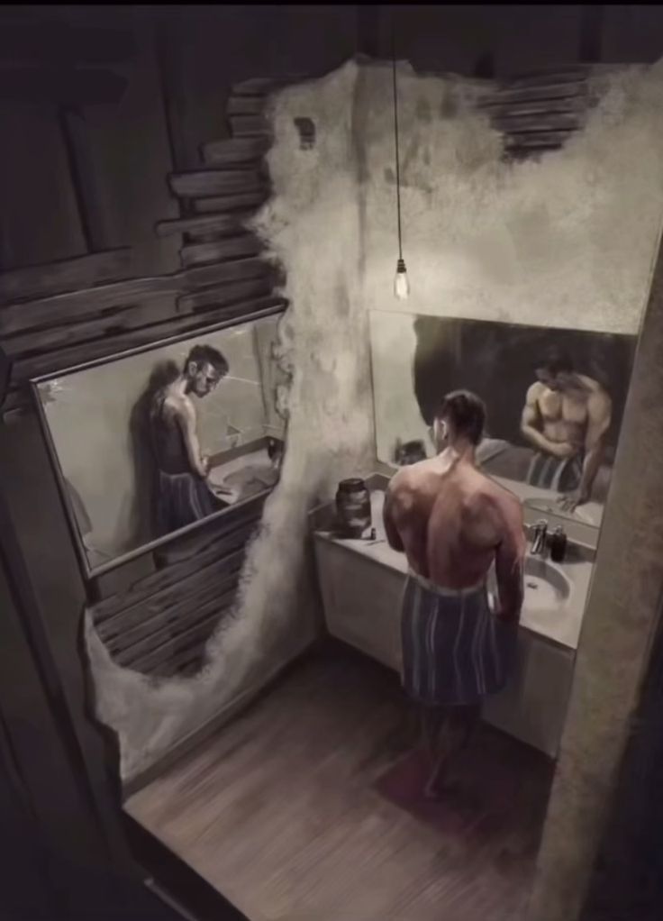 a man standing in front of a bathroom mirror with his back turned to the camera